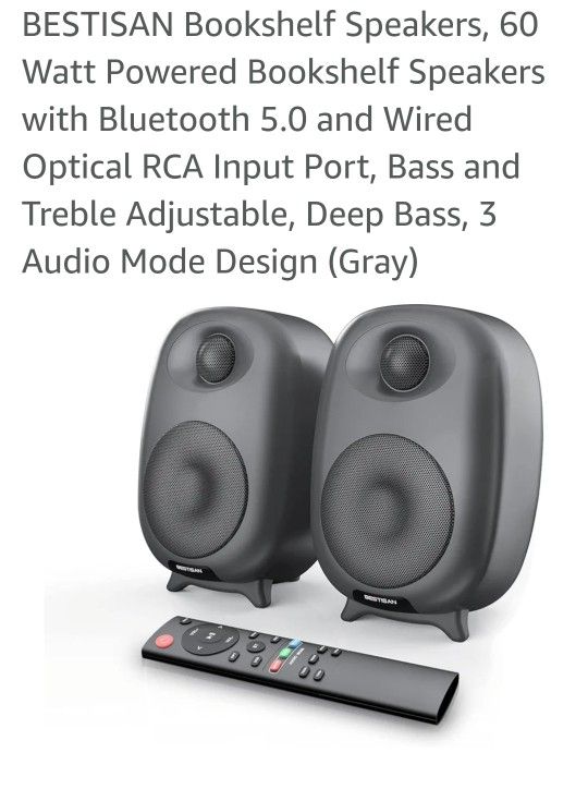 BESTISAN Bookshelf Speakers, 60 Watt Powered Bookshelf Speakers with Bluetooth 5.0 and Wired Optical RCA Input Port, Bass and Treble Adjustable.