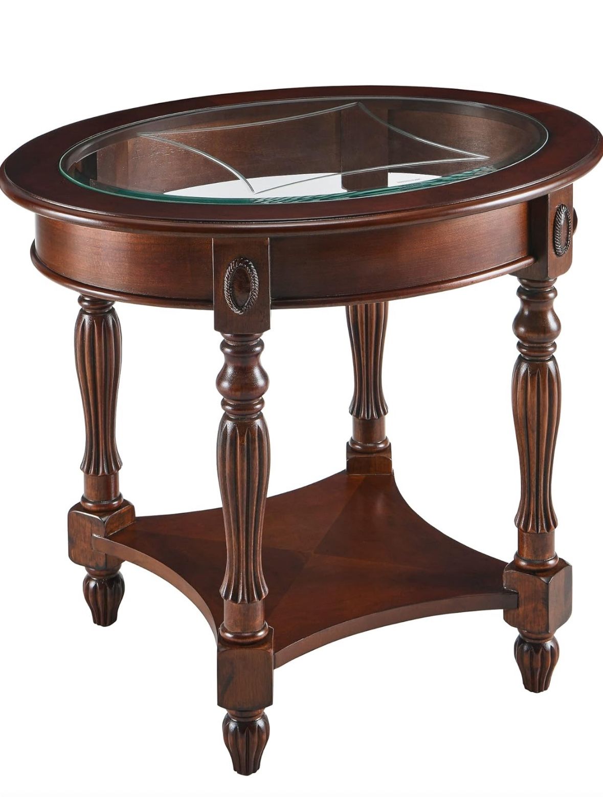 LEEMTORIG Oval Round Glass End Table, 2-Tier Solid Wood Glass Top End Side Tables, Traditional Victorian Nightstand for Bedroom Living Room Office, 28