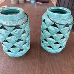 Ceramic Seashell-Patterned Decorative Lanterns With Metal Handles