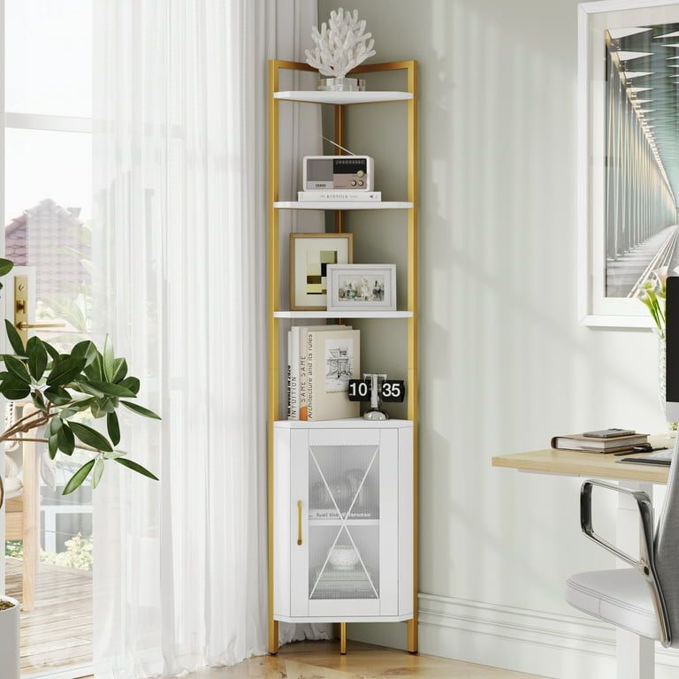 71'' Corner Shelf with Storage Cabinet, 6 Tier Corner Bookshelf and Bookcase with Adjustable Shelves for Living Room, Bedroom, White