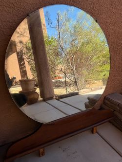 Vintage Art Deco Round Dresser Vanity Mirror with Wood Base (Circa 1930s-1940s)
