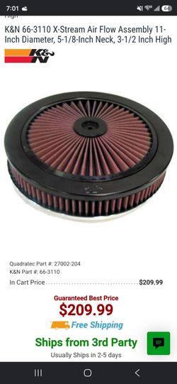 K&n air filter assembly 11 x3 inch