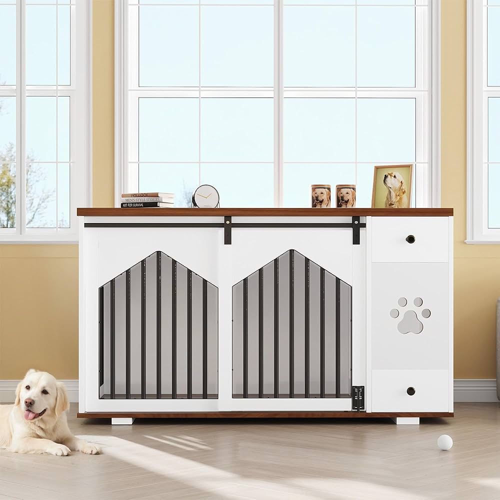 A486 $150 Large Dog Crate Furniture with 2 Dog Bowls