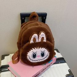 Plush Labubu Backpack For Kids Halloween Bag Dark Brown