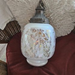 60s French Provencial Gold Rose Floral Hanging Swag Lamp On Chain