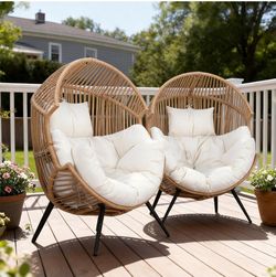 Oversized Outdoor Wicker Egg Chair Set of 2, Patio Lounge Chair Basket Seat with Thick Cushion, All Weather Indoor Outdoor Porch Rockers for Balcony,