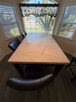 Counter-Height Marble Dining Set + Matching Server/Buffet – Table, 4 Chairs & Storage Bench