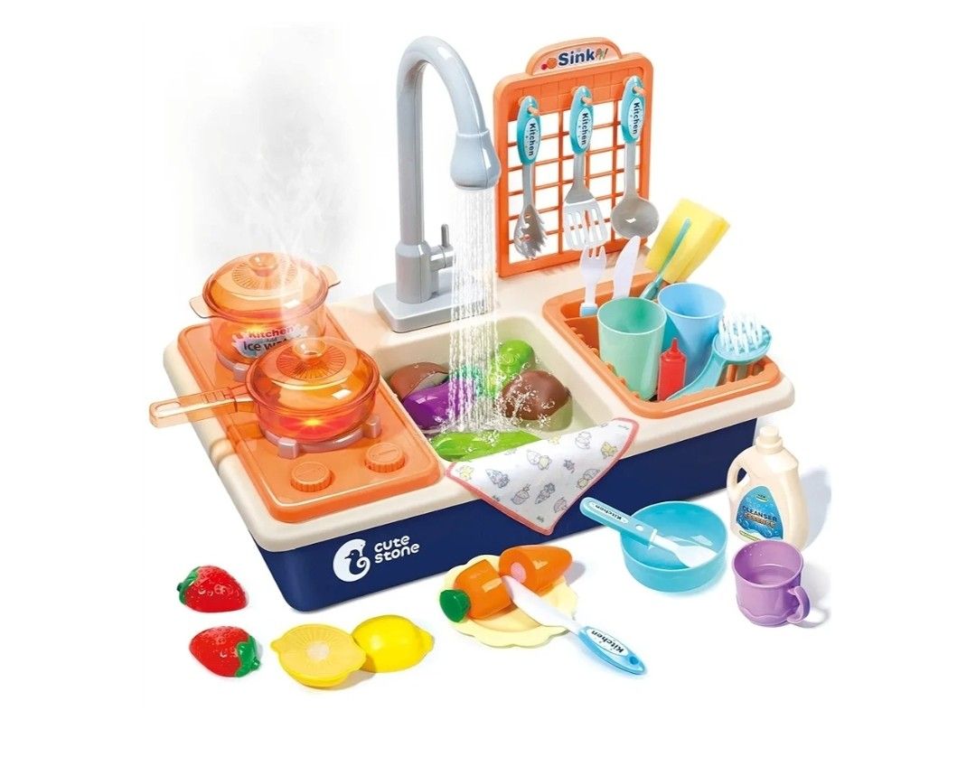 CUTE STONE Pretend Play Kitchen Sink Toys with Play Cooking Stove, Pot and Pan with Spray Realistic Light and Sound, Dish Rack & Play Cutting Food, Ut