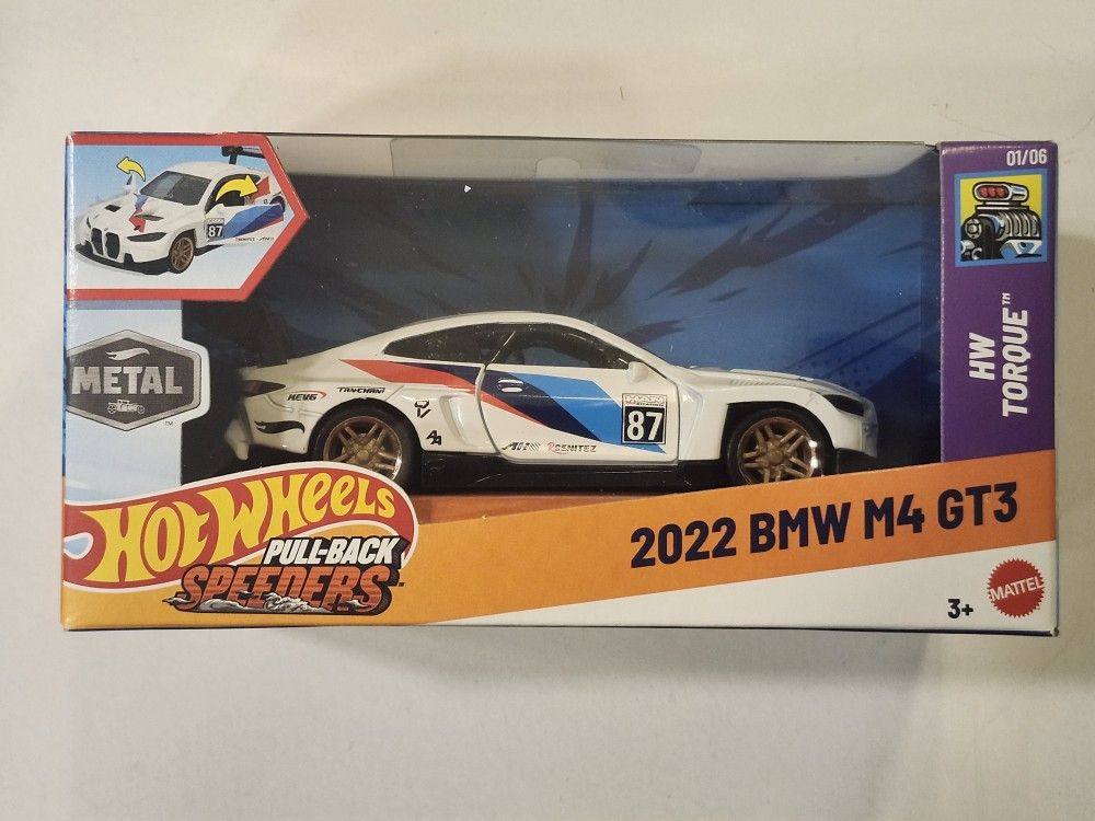 HOT WHEELS PULL BACK SPEEDERS. 1:43 SCALE METAL DIECAST. TORQUE. 2022 BMW M4 GT3.