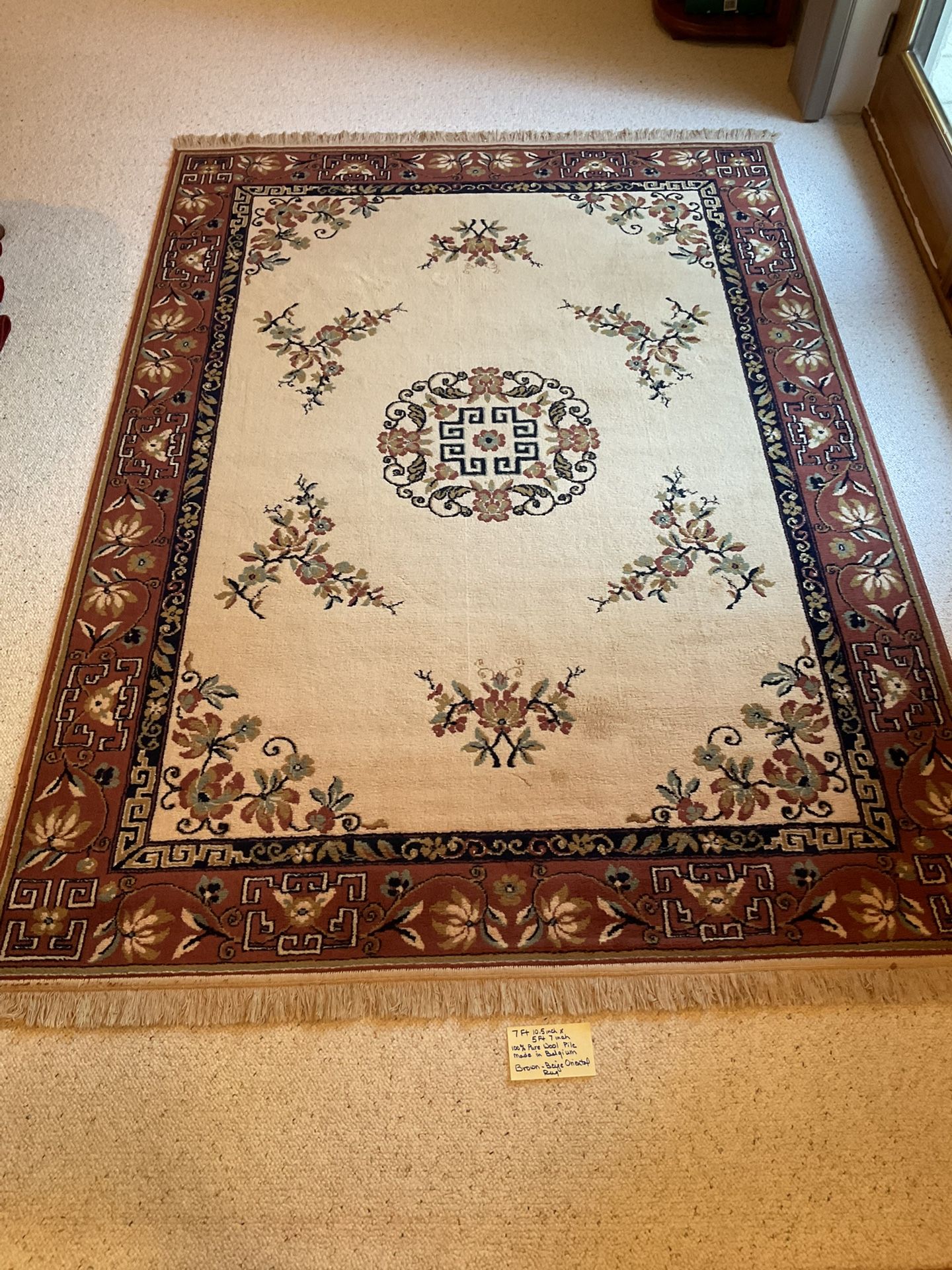 Large Oriental Wool Rug, Beautiful Belgium-Made, Rich Brown-Beige Color; L 7feet 10.5 Inch X W5feet 7inches