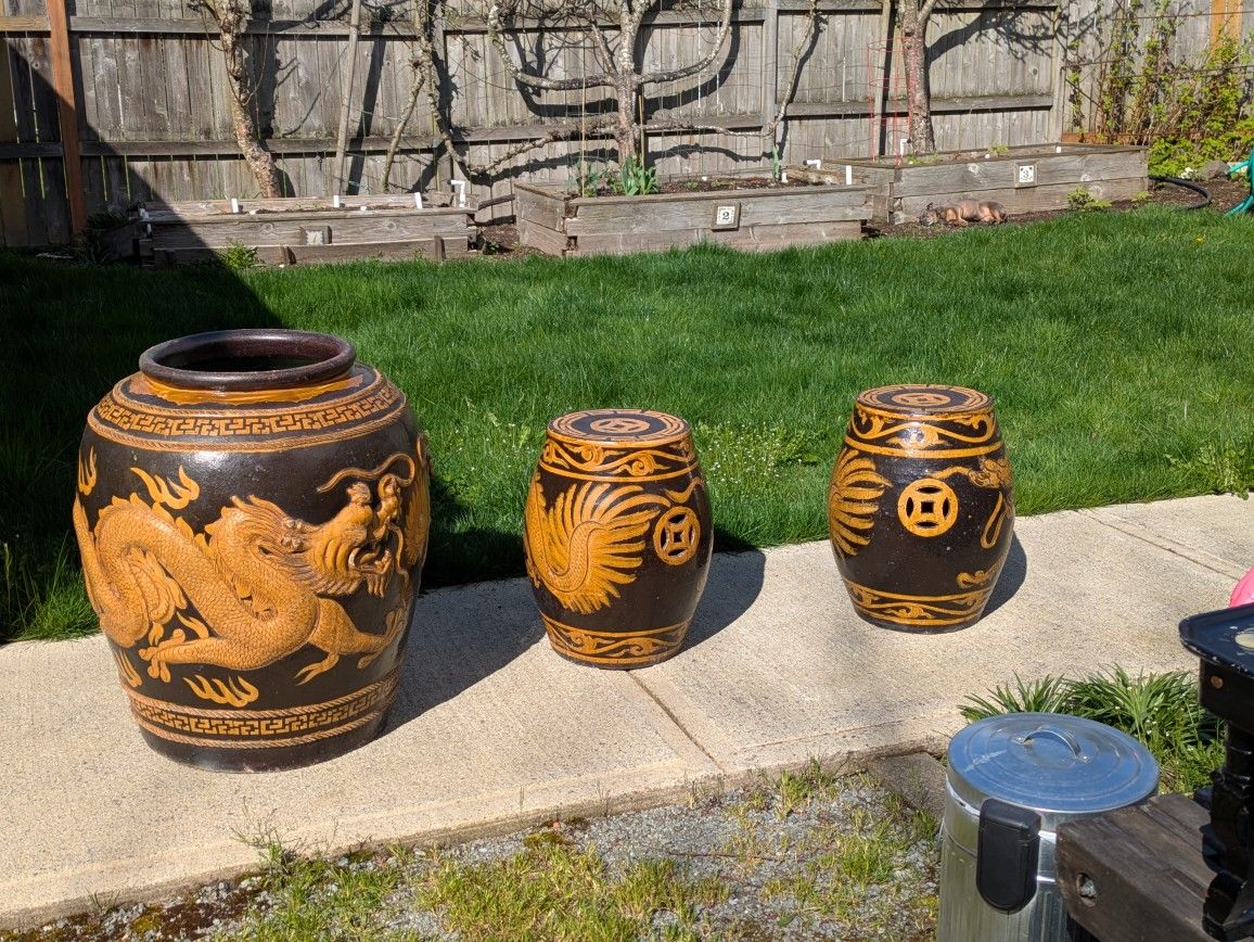 Beautiful Glazed and Embossed Antique Dragon Stoneware Set