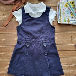 SIZE 6-6X 2-PIECE OUTFIT WHITE GOLF SHIRT W/NAVY KHAKI COTTON DRESS