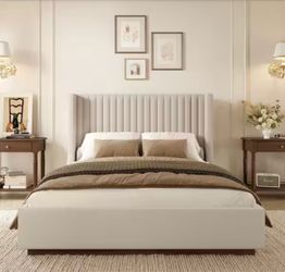 Buzio Dark Beige Solid Wood Frame Queen Size Upholstered Platform Bed with Wood Base