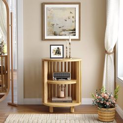 Round End Table Wood Side Tables for Living Room,Oak Mid Century Modern Nightstand with 2 Tier Storage, Small Circle Bedside Table for Small Spaces, L