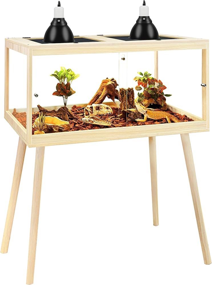 Prolee Bearded Dragon Tank with Leg Stand,Wooden Lizard Tank,Reptile Tank with Metal Mesh Roof Door, Acrylic Panel Snake Tank with Lock Design (Oak, 4