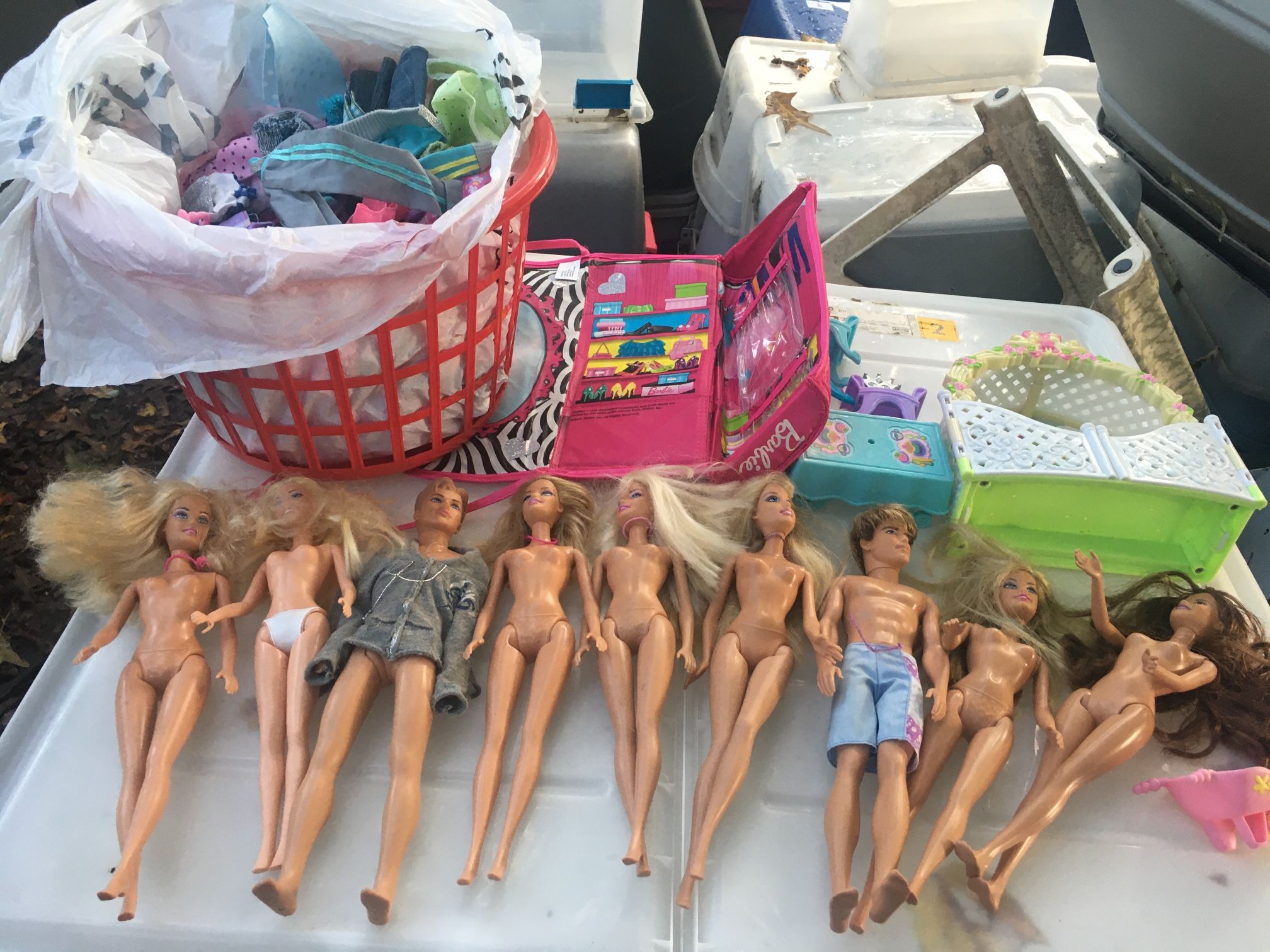 Barbie dolls furniture and large basket of clothes and accessories all for $25 firm