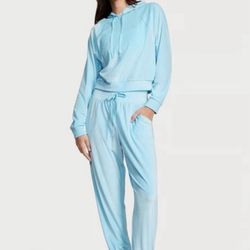 Victoria's Secret Baby Blue Velour Hoodie and Joggers Set