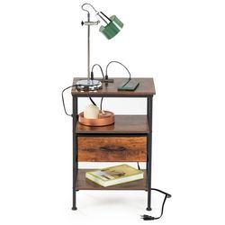 Homy Casa ANBY Nightstand with USB Port and Open Shelf Storage Vintage Brown