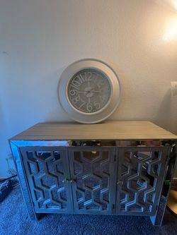Mirrored Geometric 3-Door Cabinet including Wall Clock