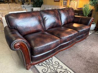 Chocolate Carved Wood Roll Arm Sofa w/ Nailhead Trim