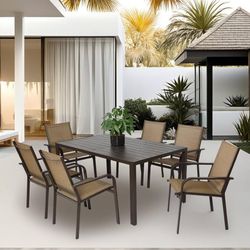7-Piece Outdoor Patio Dining Set, Rectangular Steel Table with 6 Stackable Textilene Chairs, Weather-Resistant Garden Furniture Set for Backyard, Deck