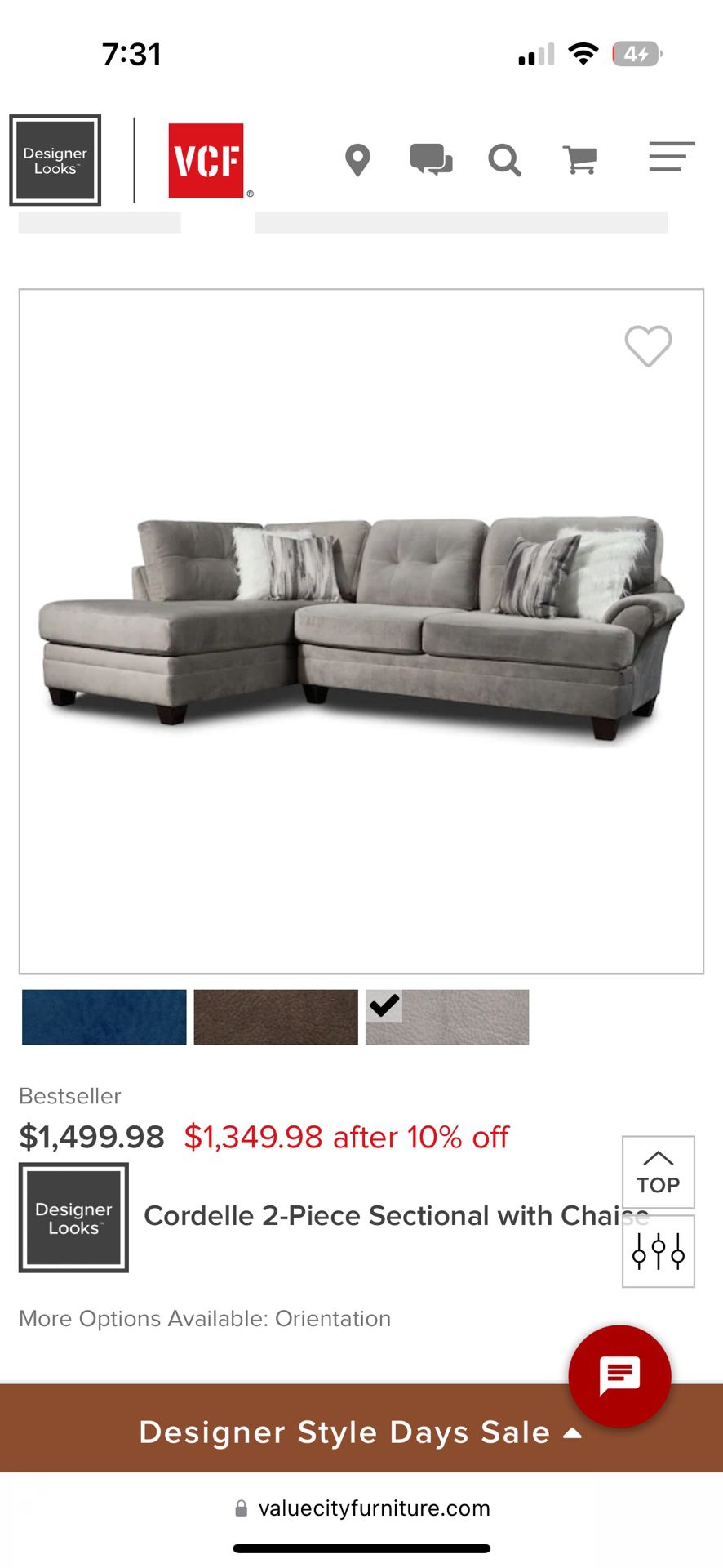 Grey Cordelle 2-piece, left-facing sectional with Chaise