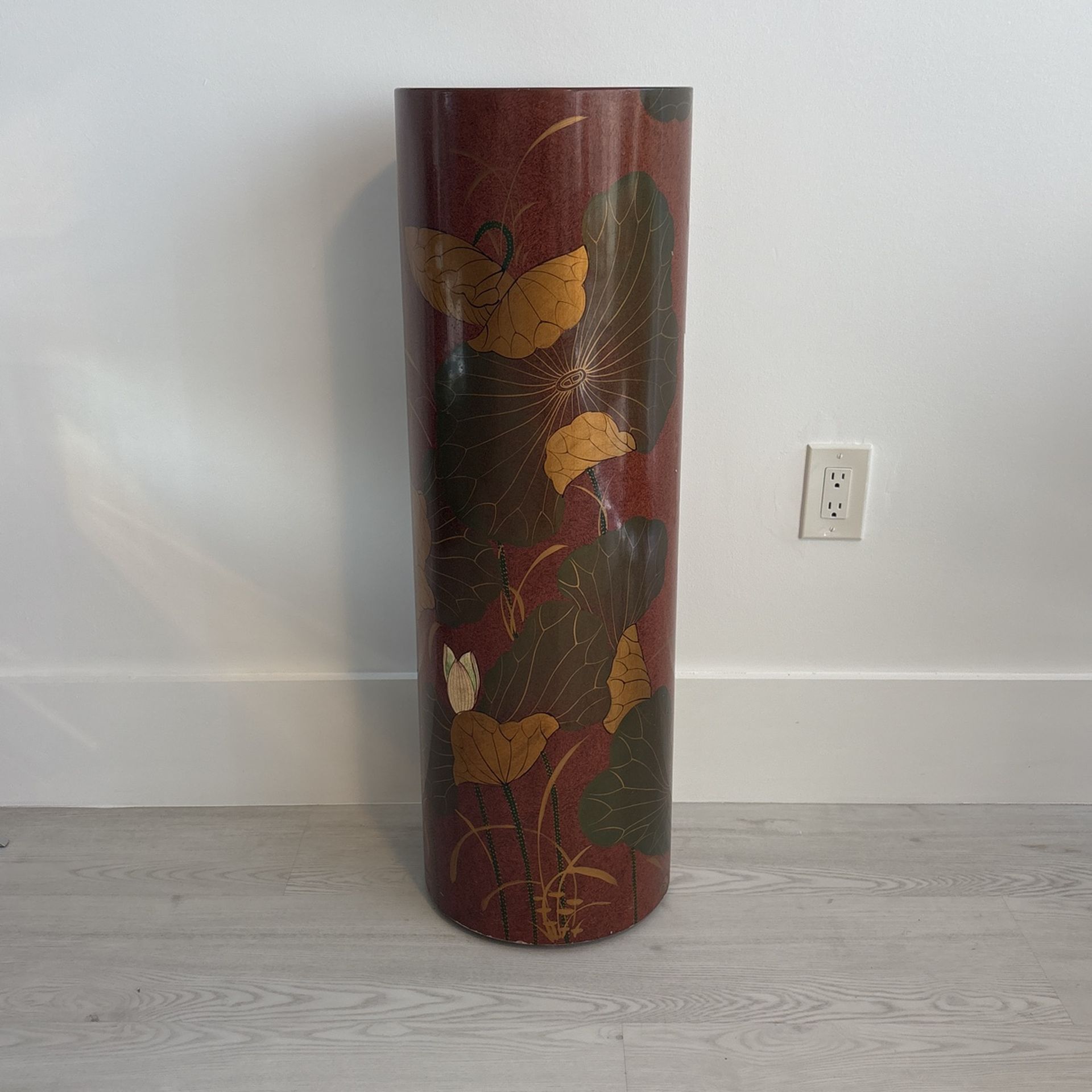 36” Asian Chinese Chinoiserie Gold, Brown, White, Black, Green Blue Lacquer Pedestal Table Column. Lotus Flower Butterfly Bird Motif.