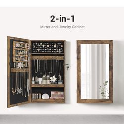 S Lockable Jewelry Cabinet Armoire with Mirror, Wall-Mounted Space Saving Jewelry Storage Organizer, Rustic Brown 