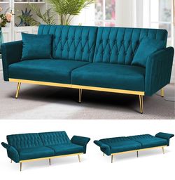 Teal Velvet Futon Sofa Bed – 70” – Like New