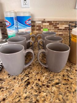 6 gray ceramic mugs