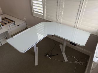 STANDING DESK Motorized, Custom Glass Top, L-Shaped, Metal Base