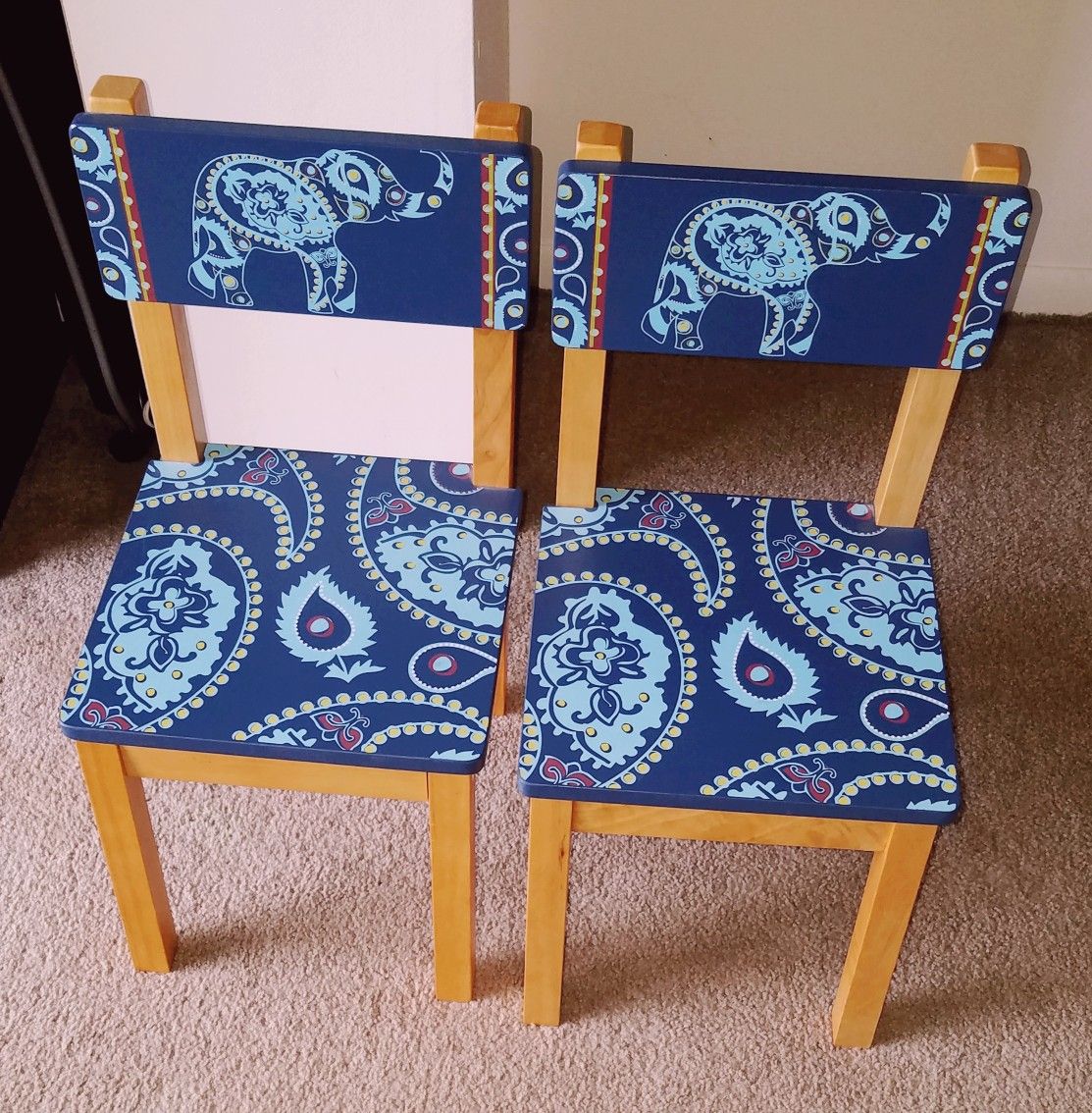 PIER ONE CLASSIC KID'S WOODEN CHAIRS SET OF 2 EXCLUSIVELY HANDMADE IN THAILAND 24X12 W/ELEPHANT PAISLEY OUT OF PRODUCTION