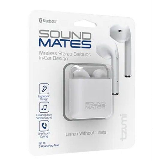 Tzumi Sound Mates Wireless Wireless in-ear Earbuds with Protective Charging Case New Sealed. This image shows Tzumi Sound Mates Wireless Stereo Earbud