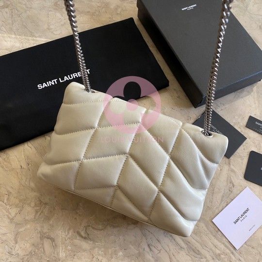 YSL LOULOU Puffer White with Silver hardware Bag 620333 23x15x8cm