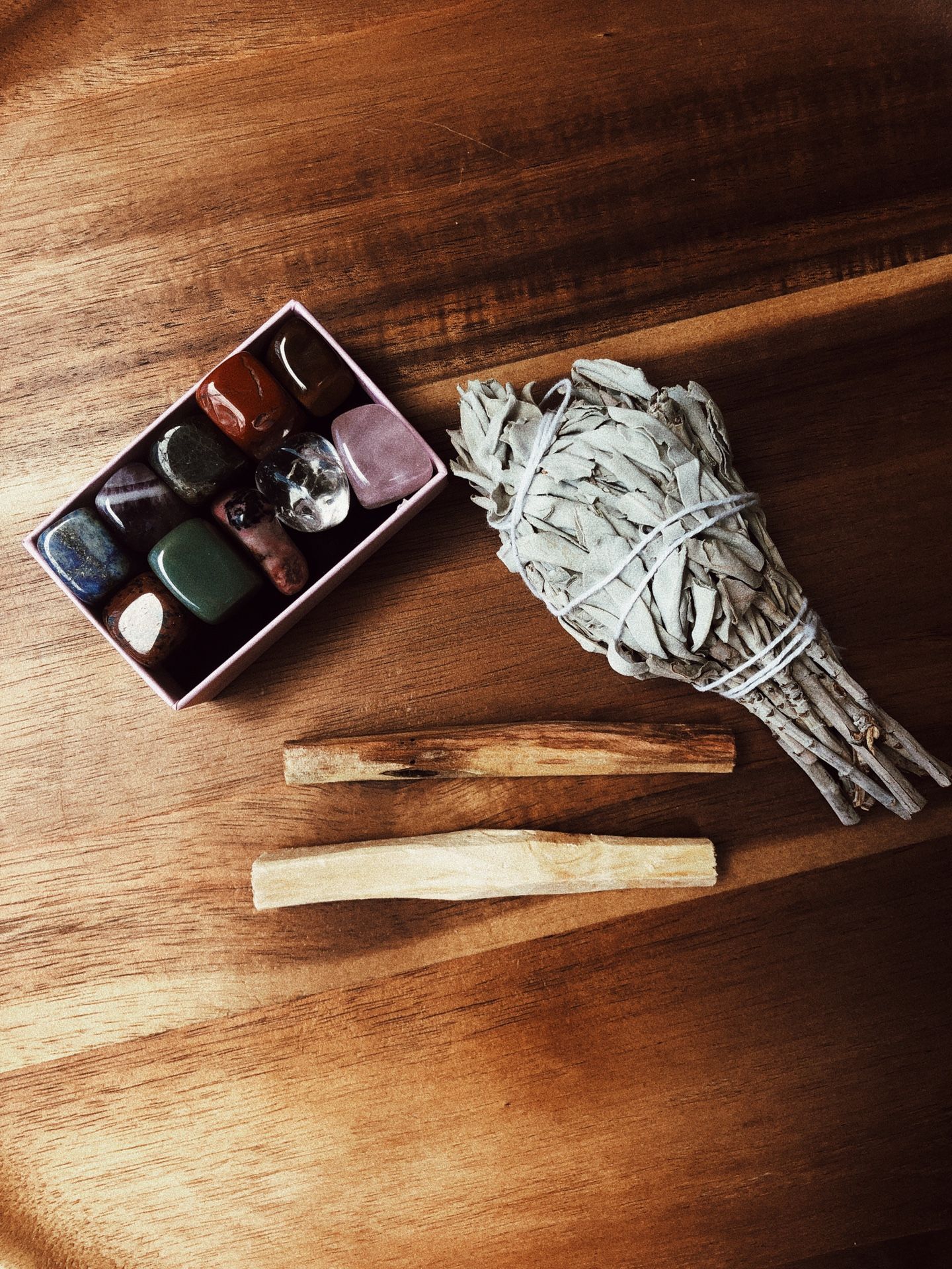 Reiki Crystal Healing Set with Palo Santo and White Sage.