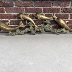 Large Vintage Mid Century Solid Brass Dolphin And Wave Wall Sculpture