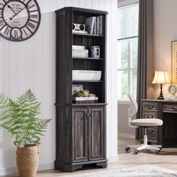 6-Tier Bookshelf with Storage, 72" Tall Farmhouse Bookcase with Doors Elegant & Sturdy 6-Tier Farmhouse Bookshelf with Farmhouse Charm: Upg