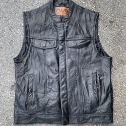 Rusa black genuine leather biker vest, button-up & zip up rock n roll vest 