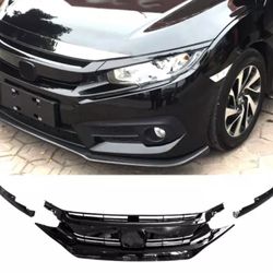 Fits 16-21 Honda Civic 10th OE Style Front Bumper Hood Grille Grill Gloss Black