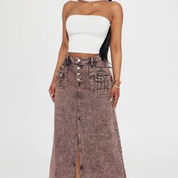Fashion Nova Skirt Mineral Acid Wash Denim Maxi Skirt Slit Red Pink Black Grunge Button Buckle