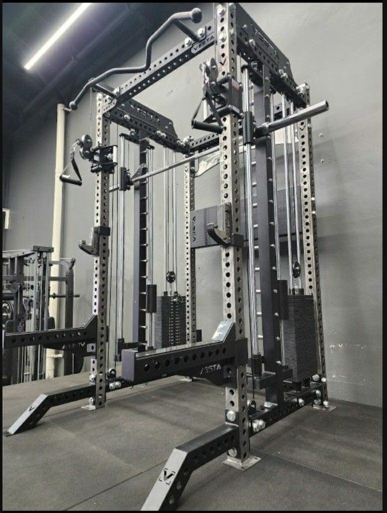 NEW Squat Rack Smith Machine Functional Trainer Cable Cross Over Adjustable Bench Press 45lb Barbell Bumper Plates Home Gym