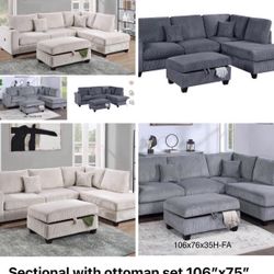 $480.    Corduroy Sectional Sofa With Ottoman Storage USB