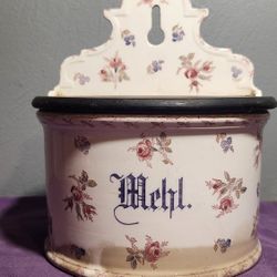 Antique German Enamelware Mehl. Saltbox Canister