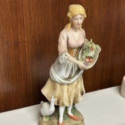 Vintage Homco Porcelain Large figurine Victorian Girl With Goose and fruits