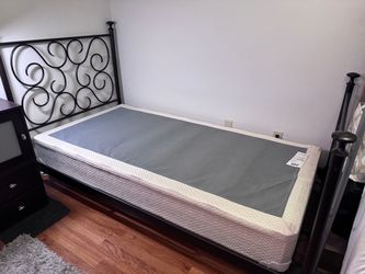 TWO SETS - Metal twin (single) bed frame with memory foam mattress, box spring, mattress protector.