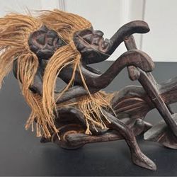 Vintage Carved Wood Tandem Bikers Figure Tribal Tiki Decor Made in Indonesia just $15