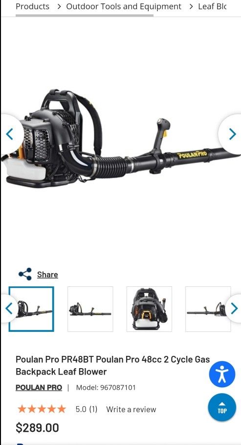 Poulan Pro PR48BT Poulan Pro 48cc 2 Cycle Gas Backpack $200