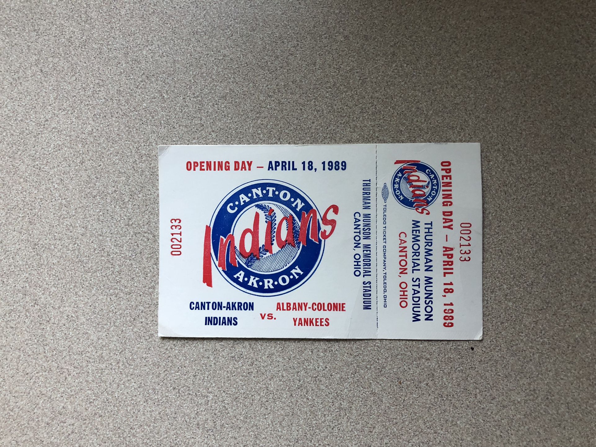 Canton Akron Indians VS Albany Colonie Yankees Opening Day 1989 Unused Ticket