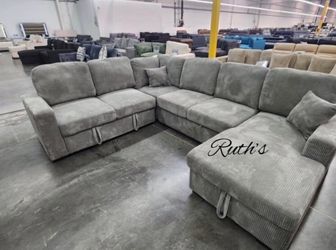 Elegant Light Gray 4-Pc Corduroy Sectional Sofa W/Double Storage And Pullout Bed