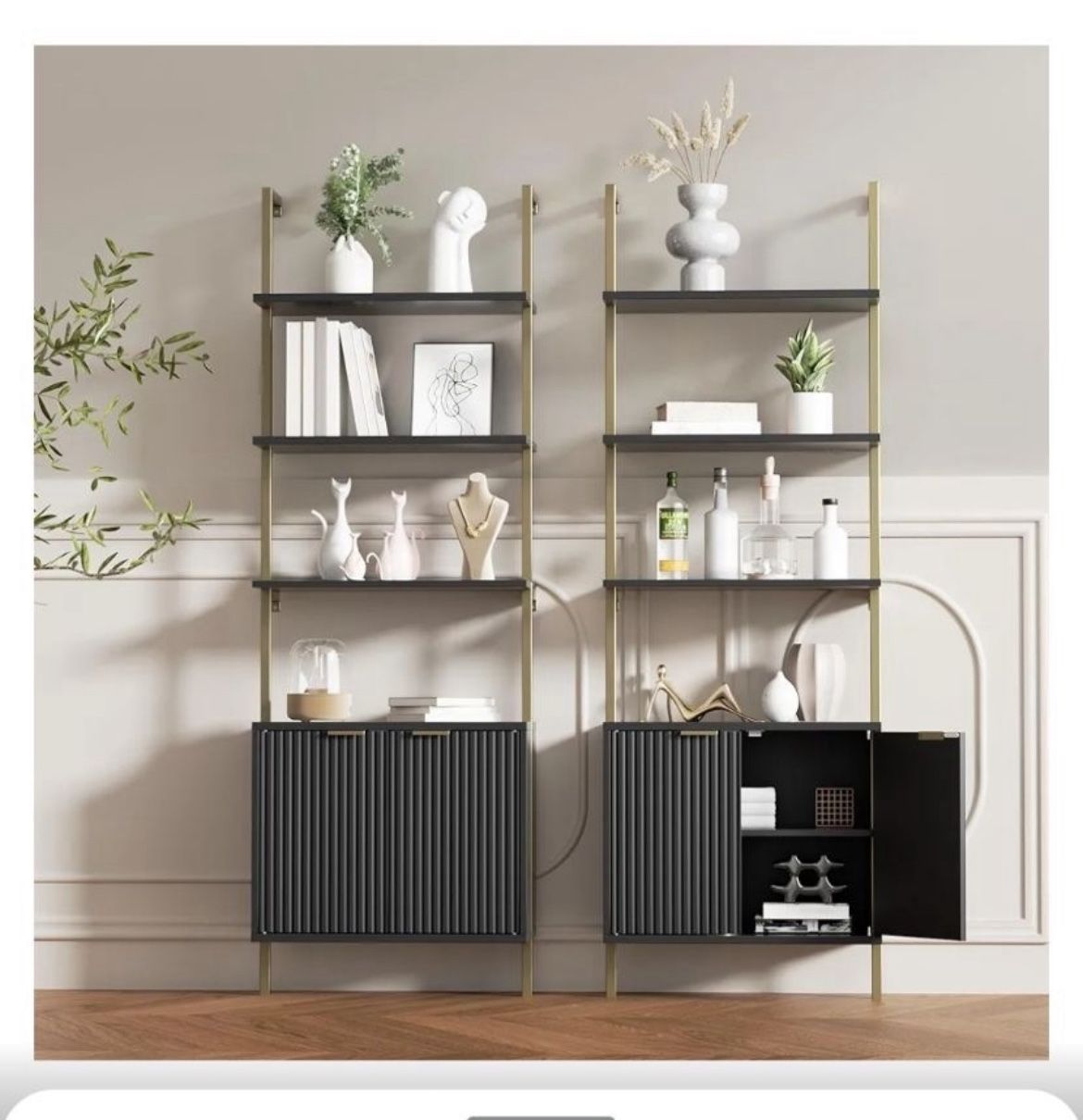 Set of 2 Black & Gold Ladder Shelf with Storage Cabinet, Modern Ladder Bookshelf with Doors, Wall Mount Bookcase with Metal Frame, Display Shelves for
